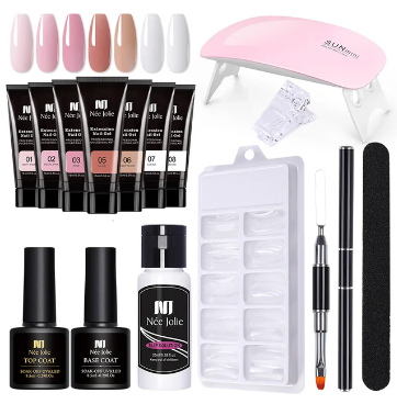 Women's Polygel Nail Starter Kit with LED lamp, tools & gels for easy, long-lasting DIY manicures at home.