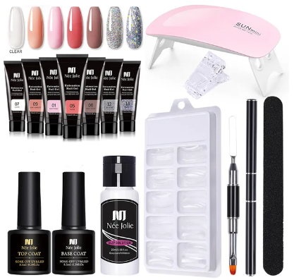 Polygel nail starter kit featuring LED lamp for quick-dry, long-lasting gel nails. Ideal for home manicure & nail art.
