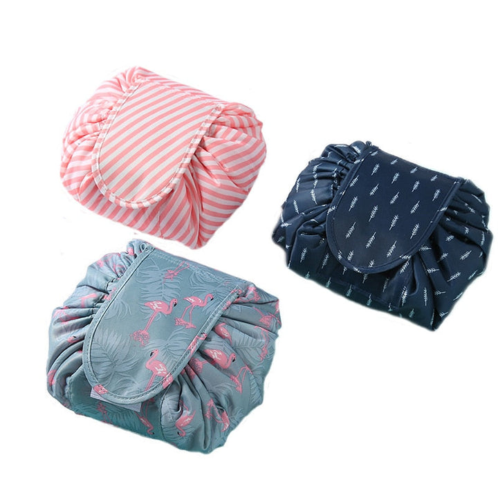 Women's portable drawstring cosmetic travel bag for makeup & toiletries. Easy organizer.