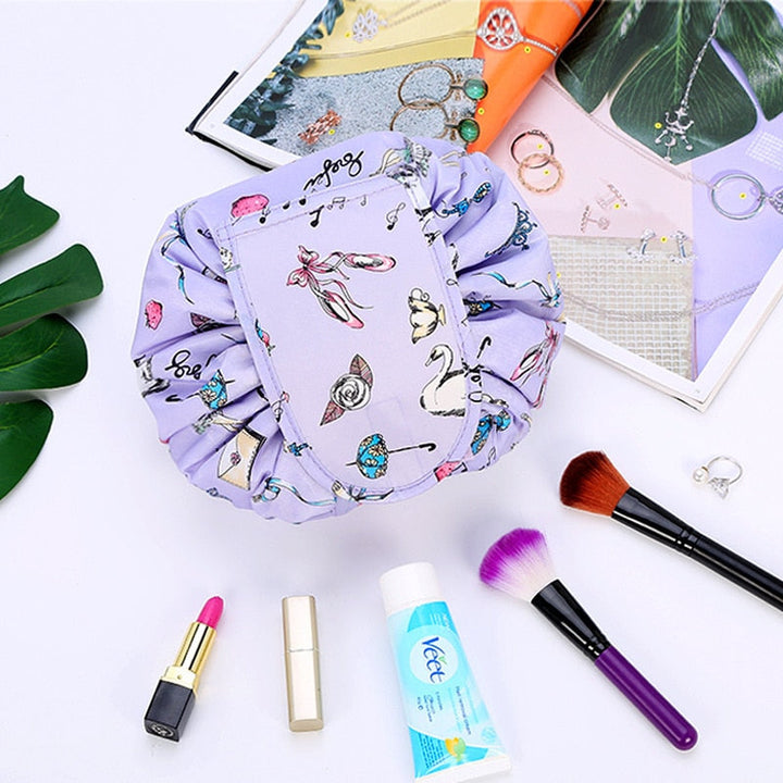 Lightweight portable drawstring travel bag for women's cosmetics and toiletries.