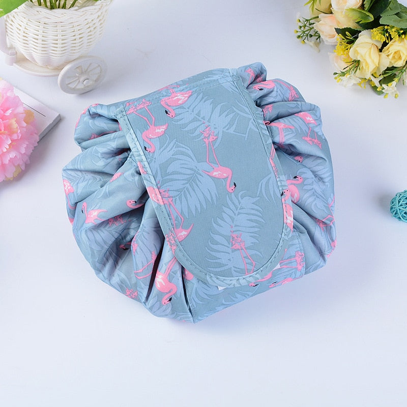 Compact & portable drawstring toiletry bag for women, ideal for travel, waterproof design.
