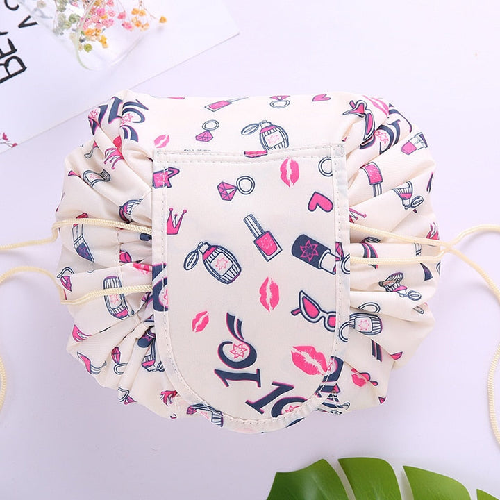 Closed drawstring travel bag, a portable solution for women's makeup & toiletry organization.