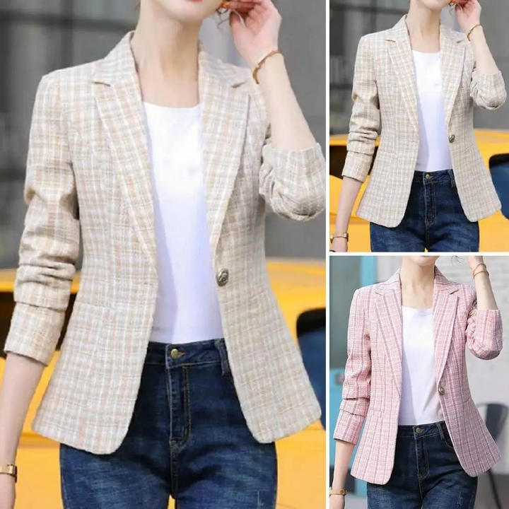 Women's premium checkered single-button blazer, elegant for office wear, business casual, fall & spring fashion.
