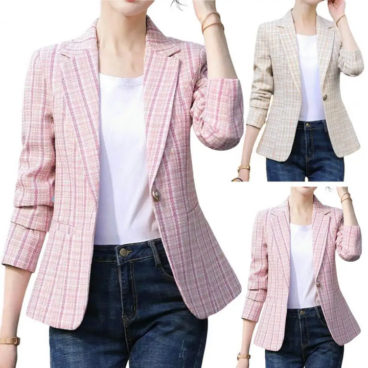 Stylish women's checkered single-button blazer, ideal for professional attire and elegant fall fashion.