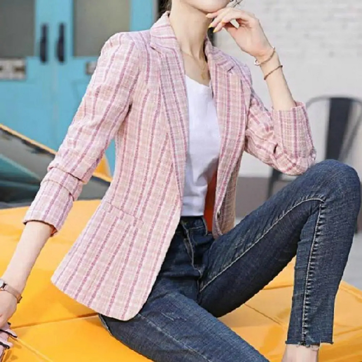 Versatile women's single-button checkered blazer. A chic jacket for spring, fall, and business casual looks.