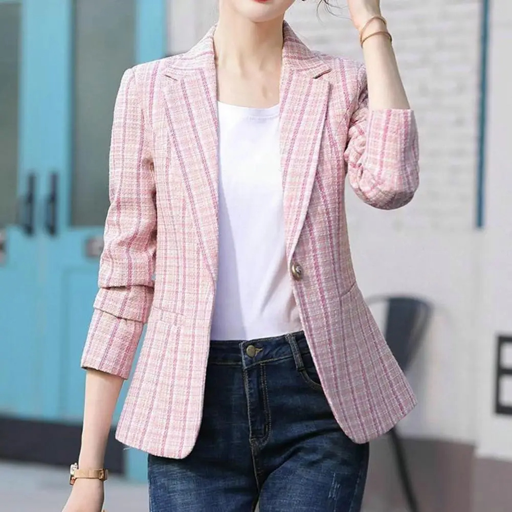 Elegant women's checkered single-button blazer, a stylish jacket for fall fashion, spring outerwear, and office.