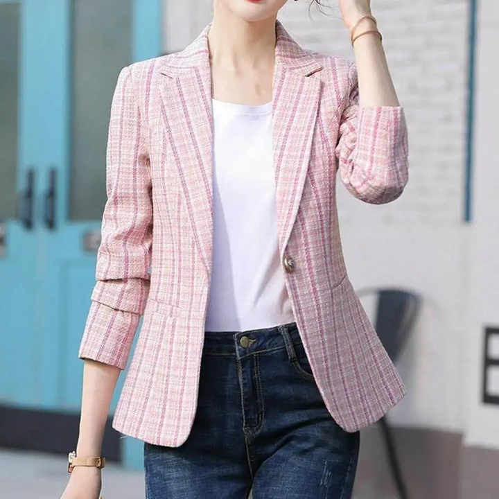 Elegant women's checkered single-button blazer, a stylish jacket for fall fashion, spring outerwear, and office.