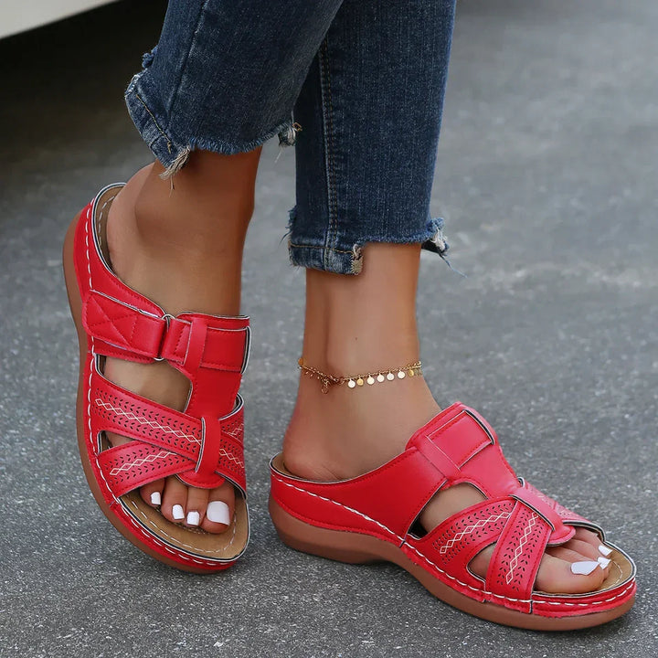 Comfortable women's orthopedic wedge sandals featuring arch support, perfect for walking all day.