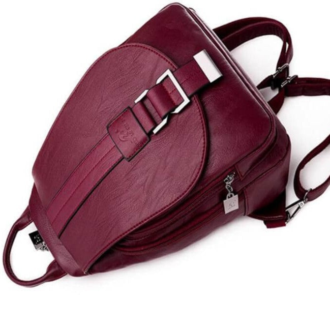 Premium women's leather backpack, water-resistant exterior, perfect for active women on-the-go.