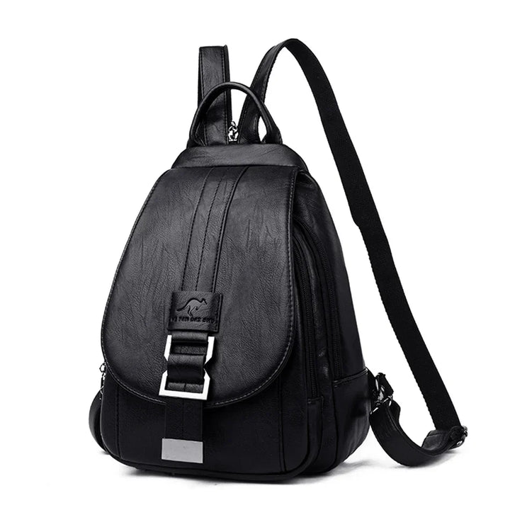 Elegant black leather backpack for women, water-resistant with anti-theft features.