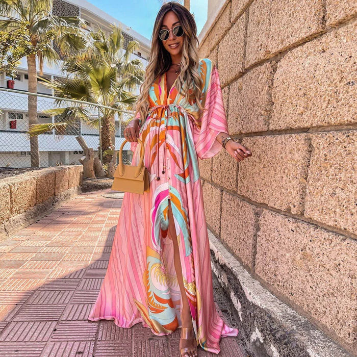 Women's Printed Beach Dress by Zamara in light pink & blue. Perfect for summer, vacation, or as a swim coverup.