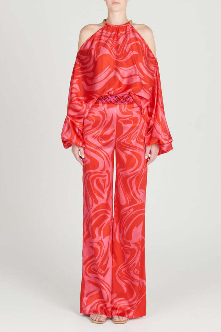 Elegant women's printed long sleeve off-shoulder two-piece outfit for special occasions.