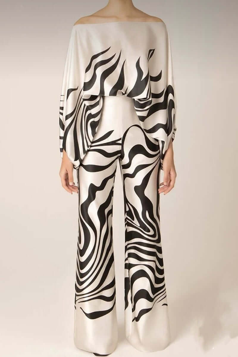 Elegant off-shoulder long sleeve printed two-piece outfit for women.