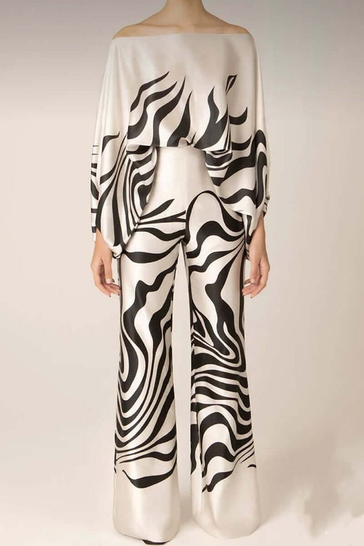 Elegant off-shoulder long sleeve printed two-piece outfit for women.