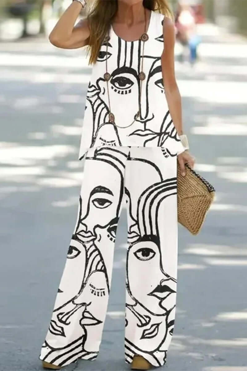 Stylish women's printed patchwork two-piece set featuring a top and matching bottoms, perfect for casual fashion.