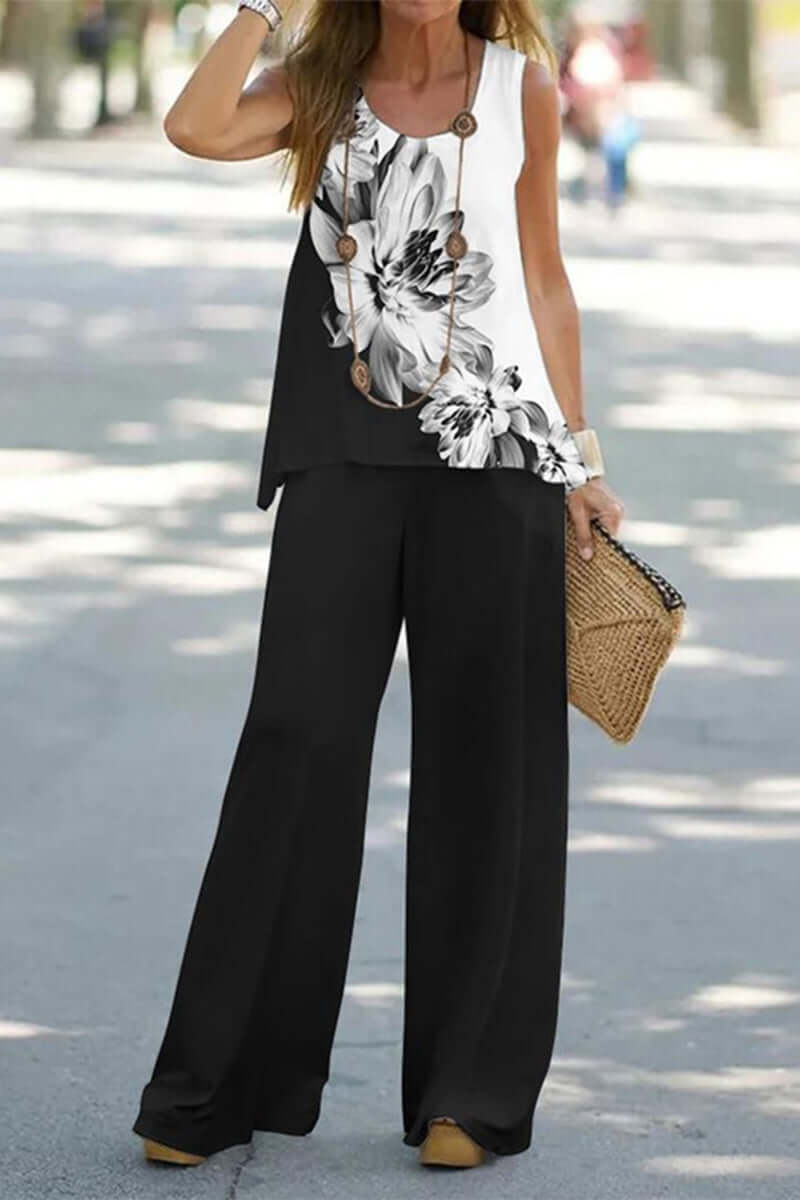 Trendy women's two-piece set with a unique printed patchwork pattern, great for casual spring & summer wear.