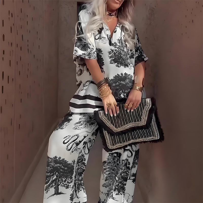 Chic women's printed v-neck top & long pants set. Versatile two-piece for spring, summer, or fall fashion.