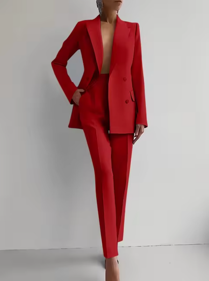 Versatile women's tailored pantsuit, an elegant two-piece blazer and pants ideal for formal or office wear.