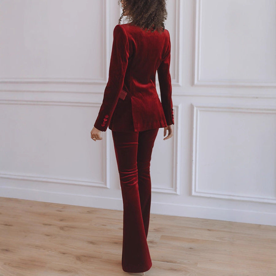 Stylish women's co-ord set featuring a chic blazer and flattering flare trousers, ideal for formal office wear.