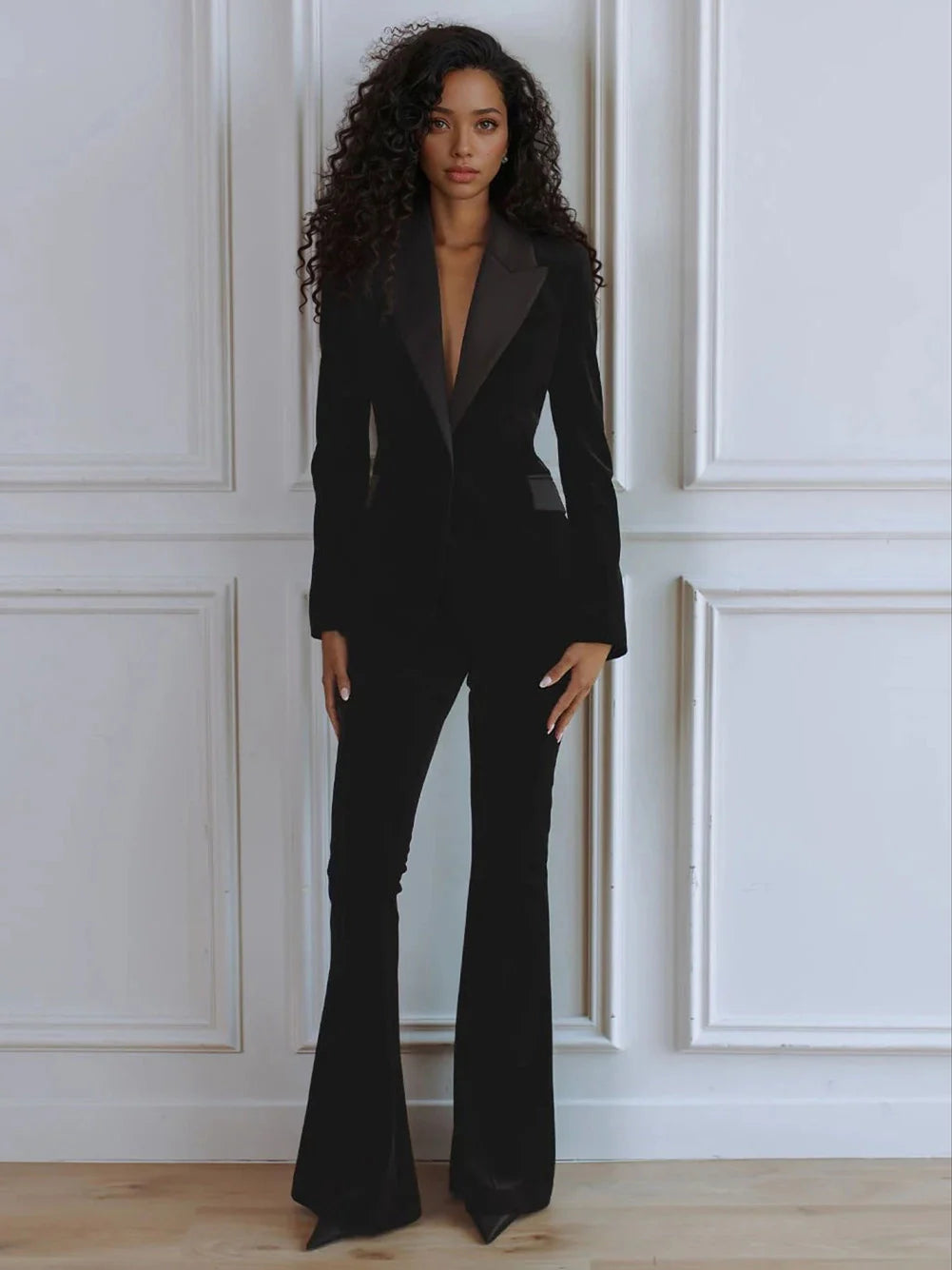 Professional women's co-ord blazer and flare pant set, designed for comfortable and stylish office work.