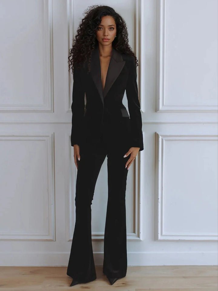 Professional women's co-ord blazer and flare pant set, designed for comfortable and stylish office work.