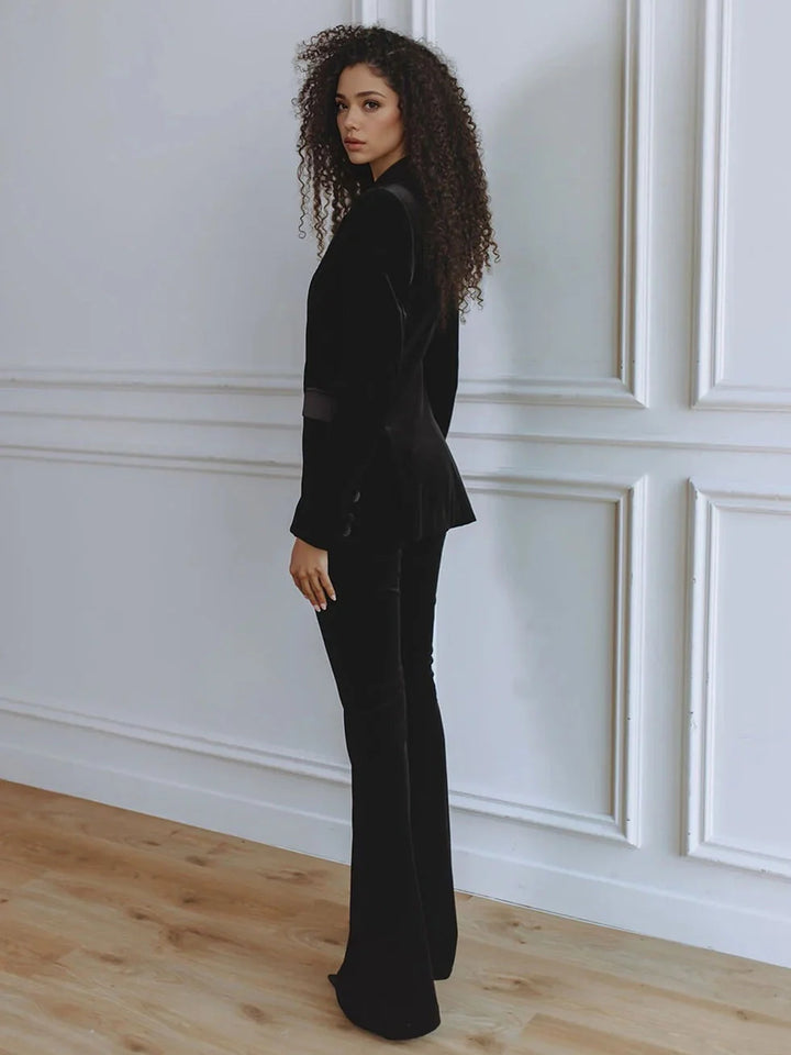 Tailored women's blazer and flare trouser co-ord set, a sophisticated two-piece workwear ensemble for women.