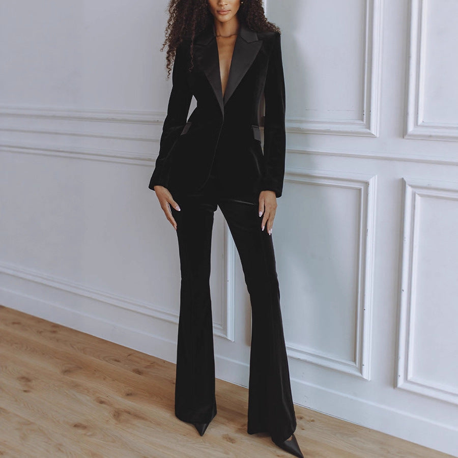 Modern women's workwear co-ord featuring a chic blazer and trendy flare trousers for a powerful business look.