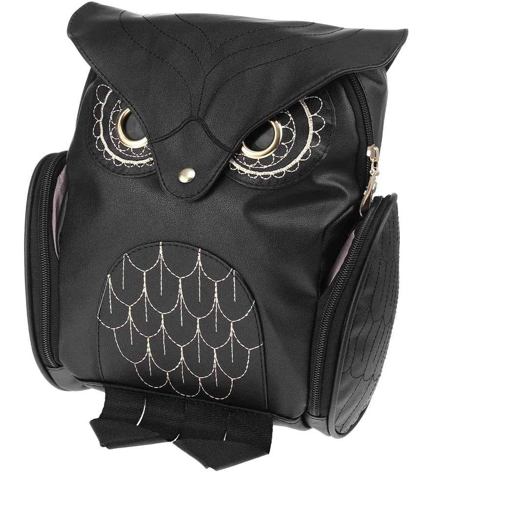 Close-up of the cute owl print on a women's PU leather multi-pocket backpack. Fashion accessory.