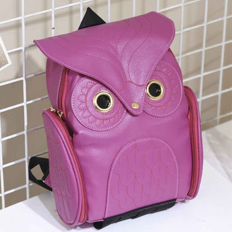 Practical women's multi-pocket PU leather backpack featuring a charming owl print. Daily use bag.