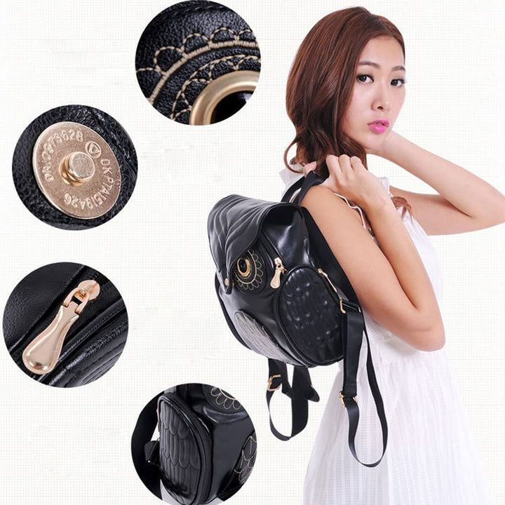 Versatile women's PU leather backpack, adorned with a unique owl print & efficient multi-pocket layout.