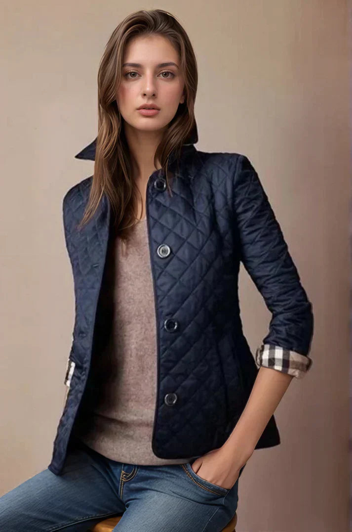 Stylish women's quilted jacket with buttons, ideal for versatile casual or elegant office wear. Lightweight fall/spring outerwear.