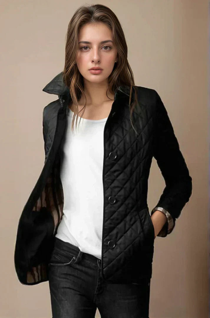Close-up of a cozy women's quilted button-up jacket, showcasing texture and button details. Great for spring fashion.