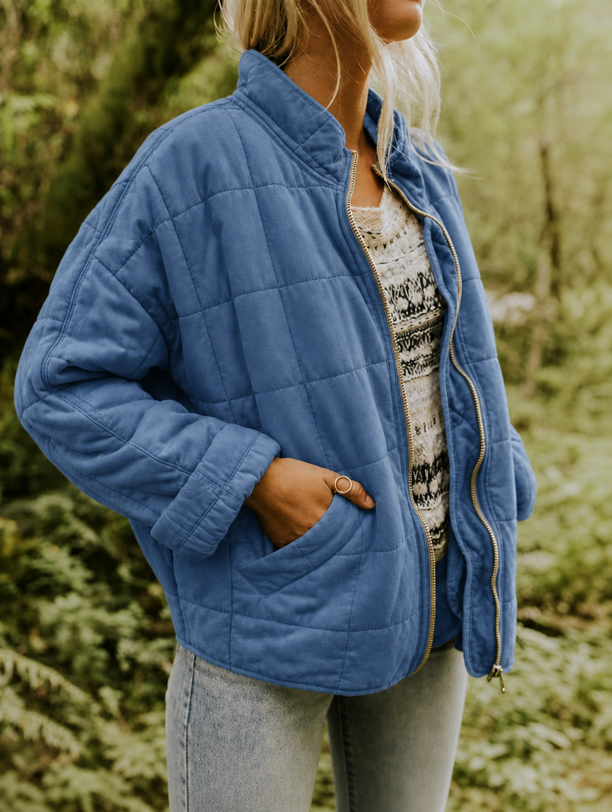 Side view of a women's zip-front quilted jacket, showcasing a sleek silhouette & practical pockets.