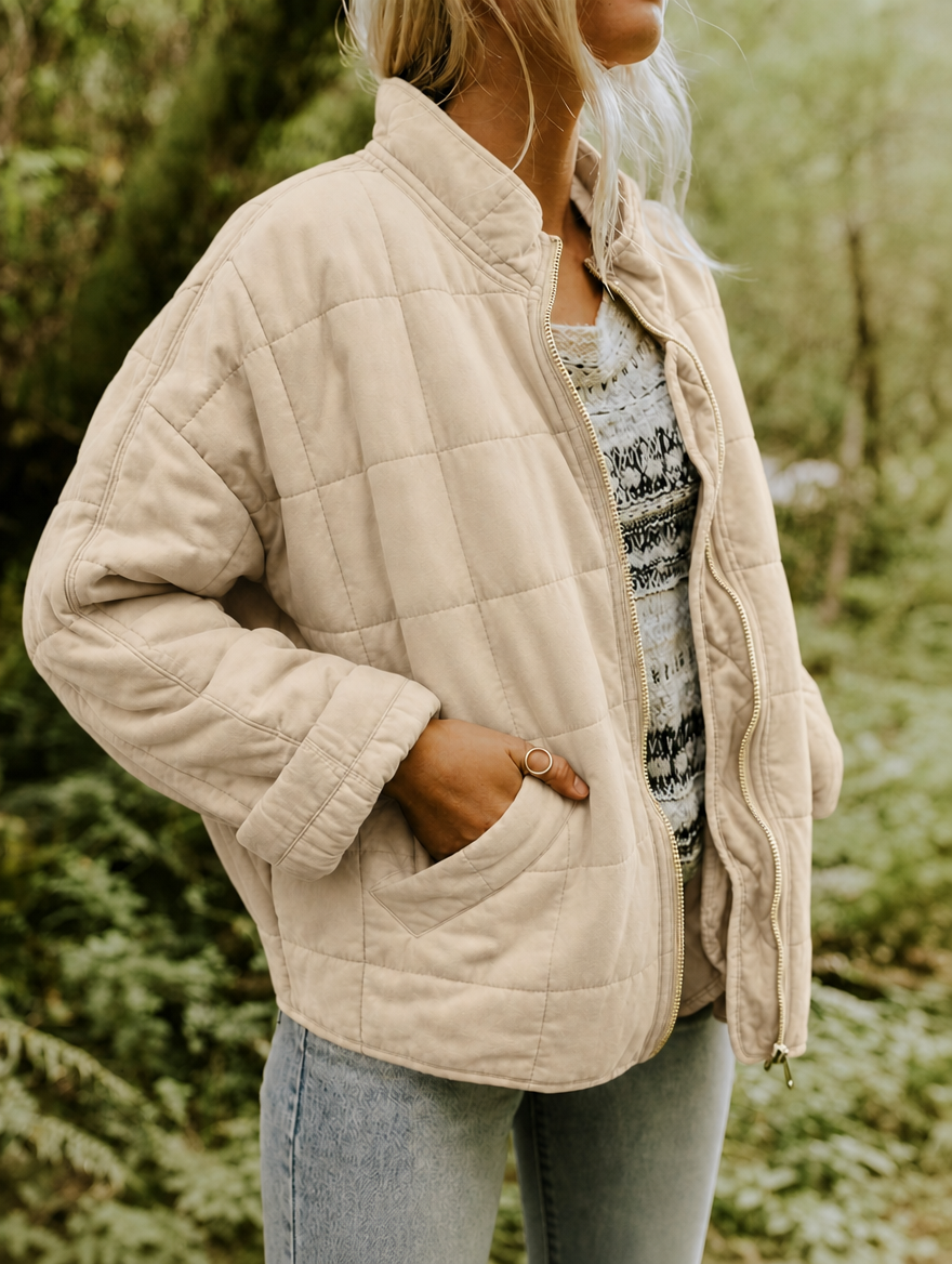 Women's stand collar quilted jacket with a sturdy zip front, blending classic design & modern comfort.