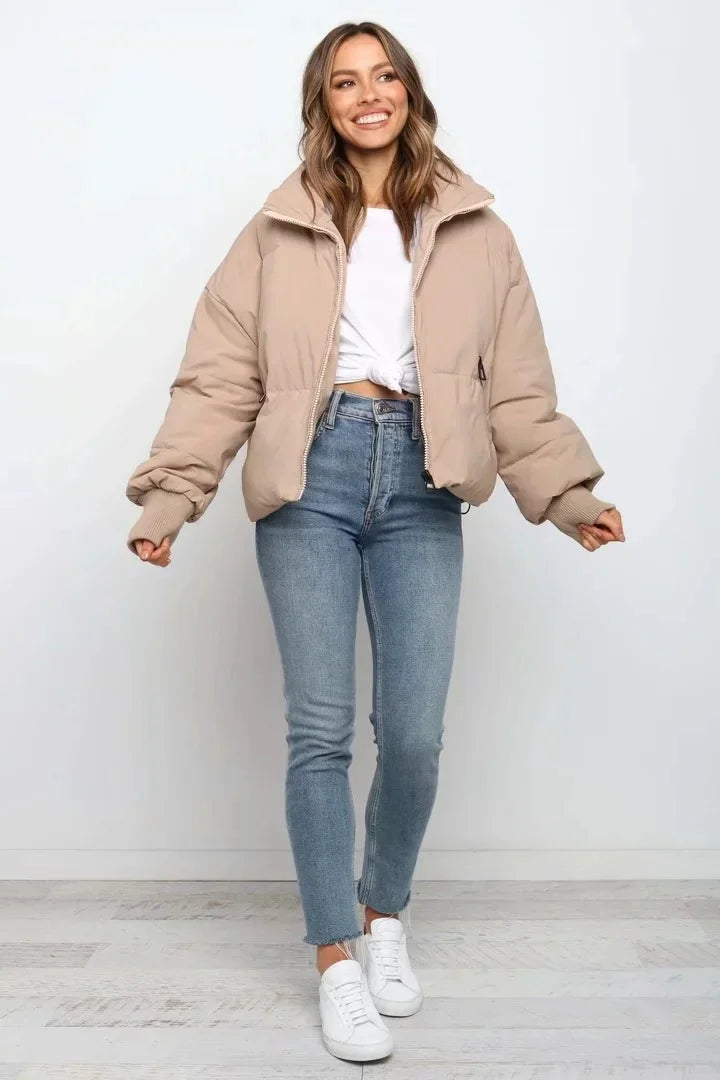 Cozy women's quilted puffer jacket. A warm, stylish winter coat for casual, everyday cold-weather comfort.