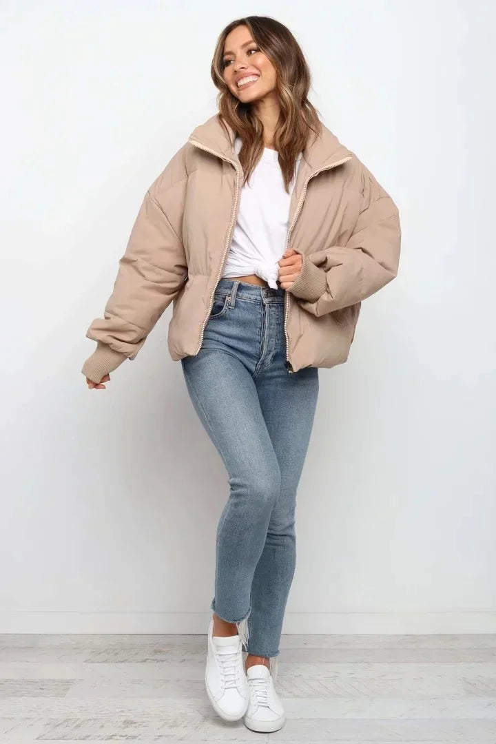 Women's quilted puffer jacket, a warm and stylish winter coat for cold weather and casual everyday outerwear.