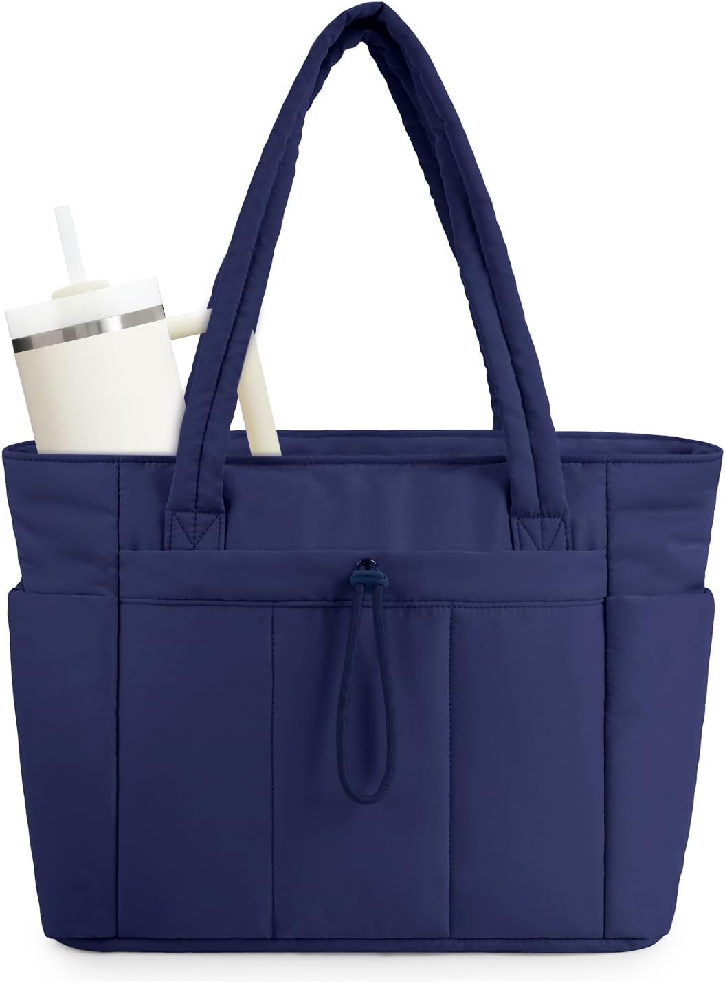 Women's quilted puffer tote bag for travel & work, featuring a laptop sleeve & convenient cup holder.