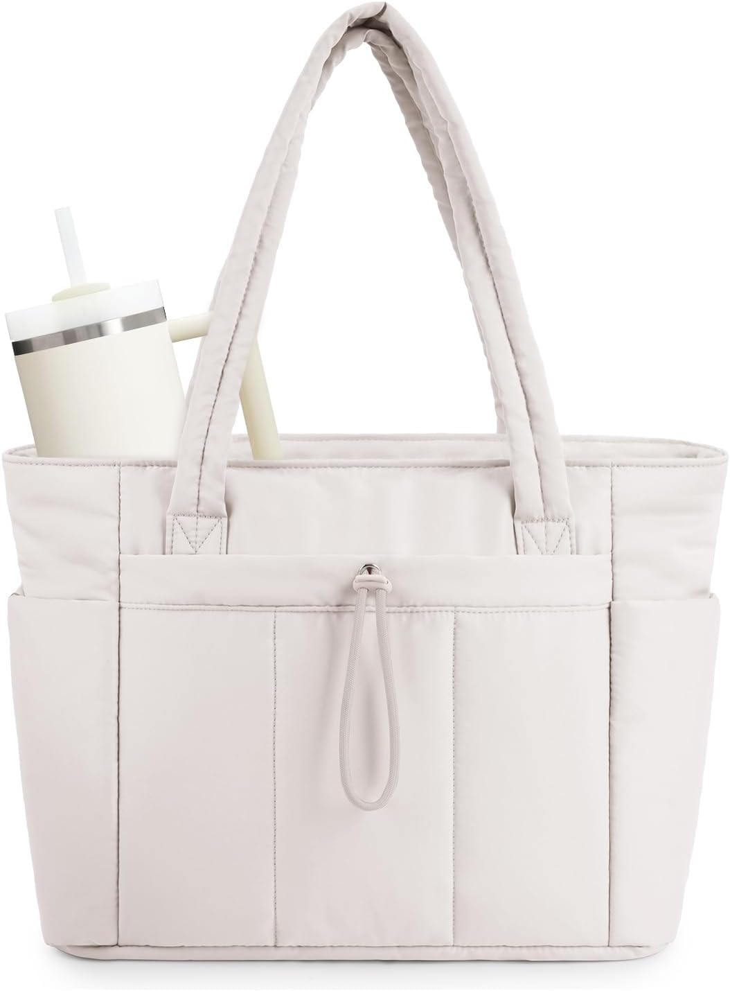 Stylish women's travel tote with laptop sleeve, cup holder, & luggage sleeve for organized commuting.