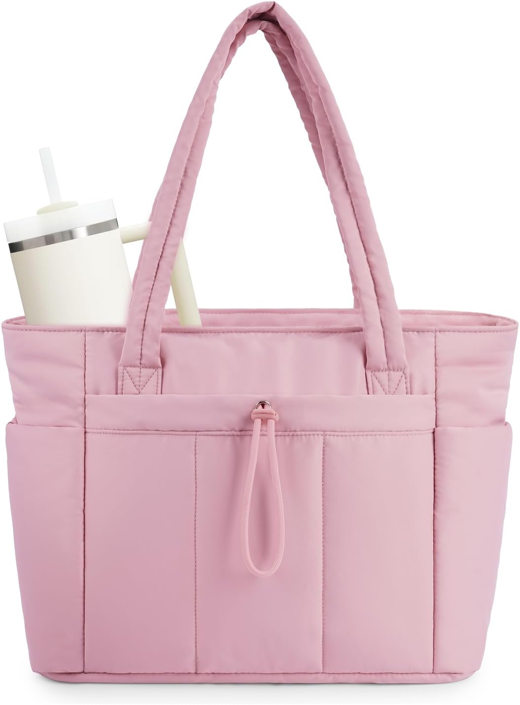 Versatile women's carryall tote. Quilted design, built-in cup holder, & spacious for daily essentials.
