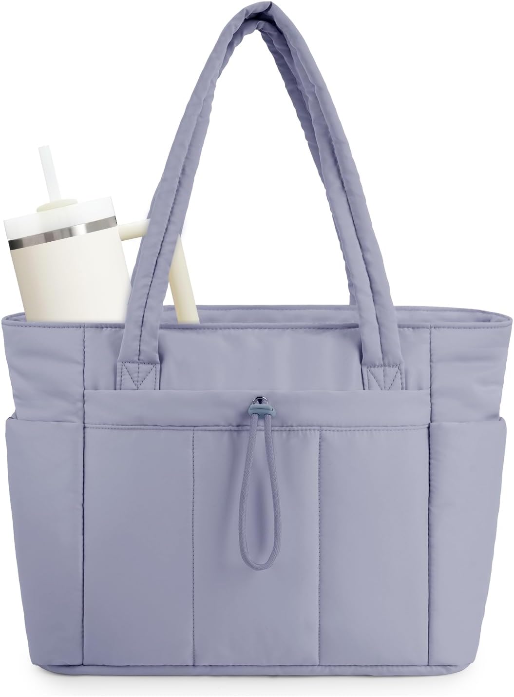 Modern women's laptop bag. A quilted puffer tote with cup holder & smart organization for travel.