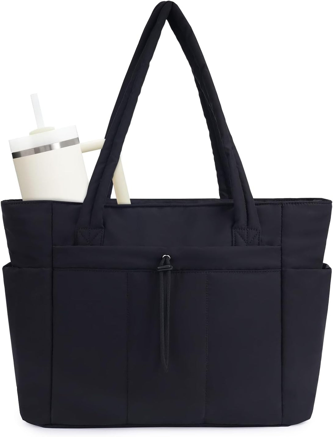 Durable women's work bag with laptop sleeve, cup holder, & luggage sleeve for seamless travel.