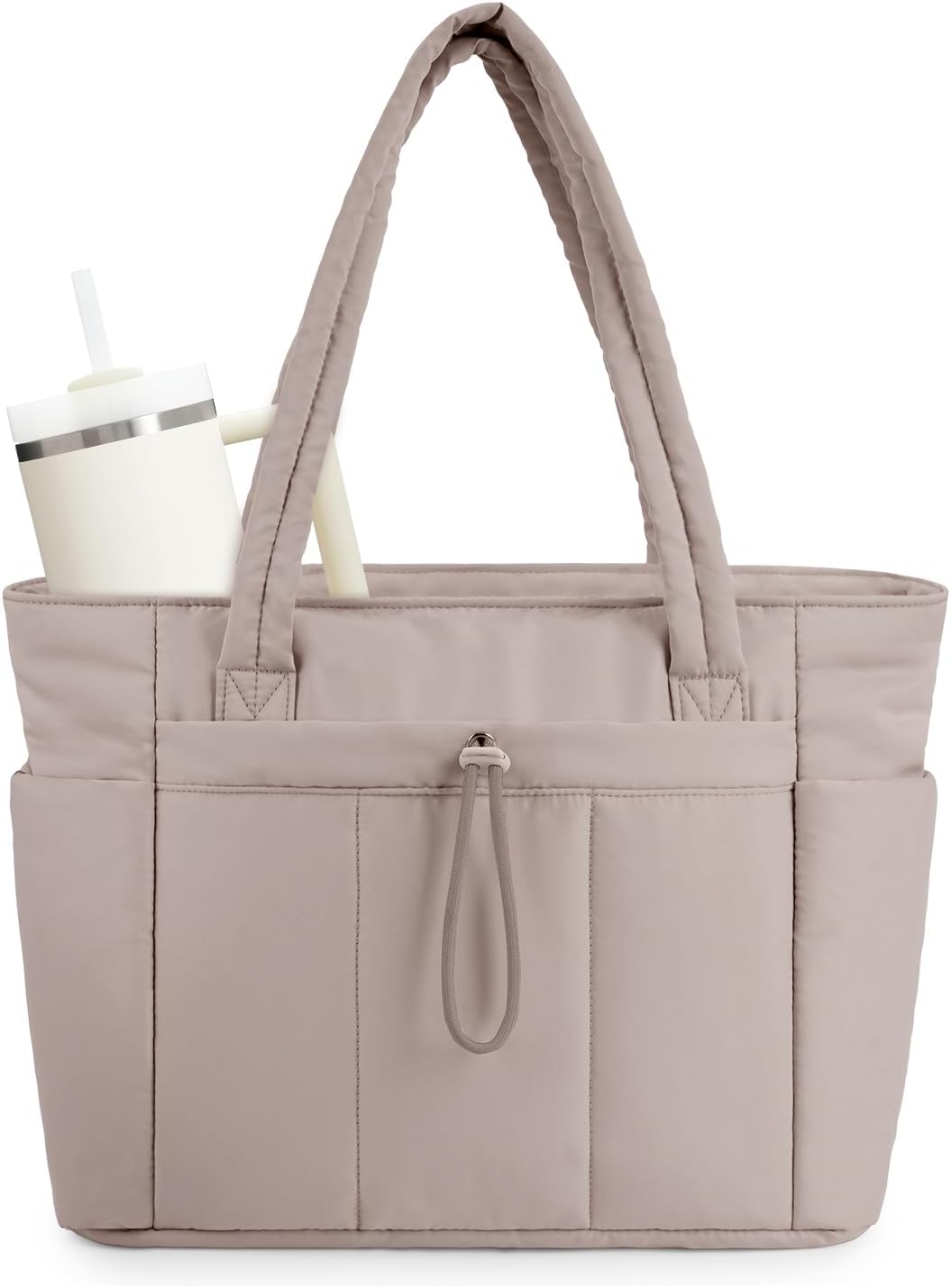 Women's commuter tote: quilted puffer style, secure laptop sleeve, & handy cup holder for daily use.