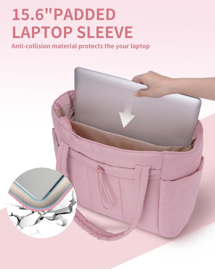 Spacious Women's Puffer Bag, quilted, with laptop sleeve & cup holder.