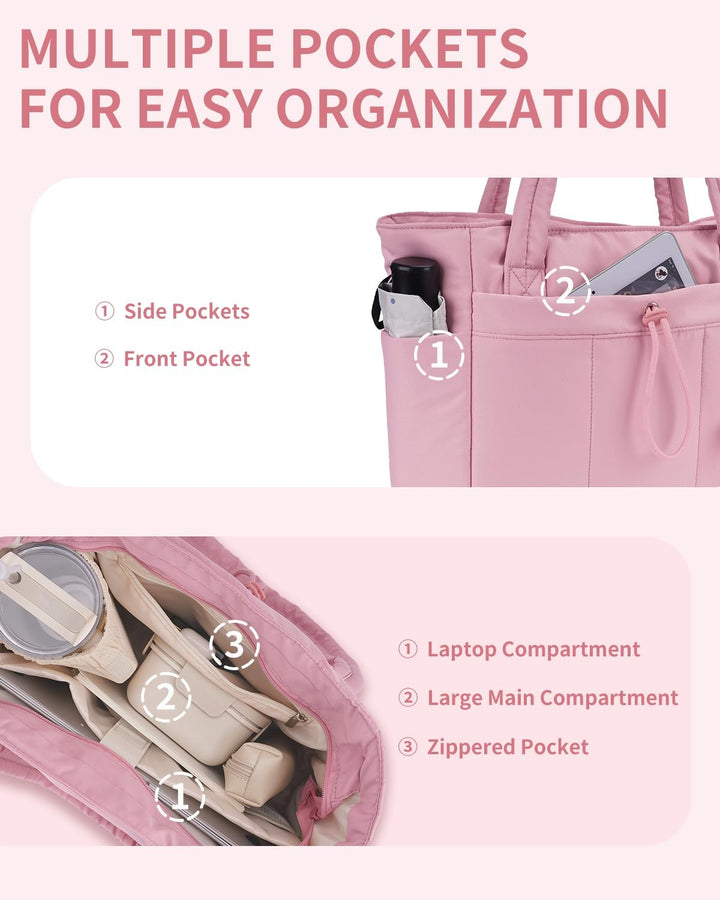 Durable Women's Travel Tote, quilted puffer, for laptop & drinks.