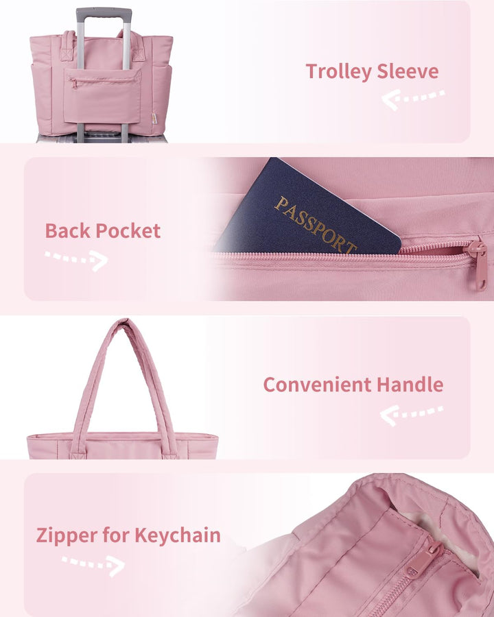 Daily Essential Quilted Tote for women, organized for laptop & drinks.