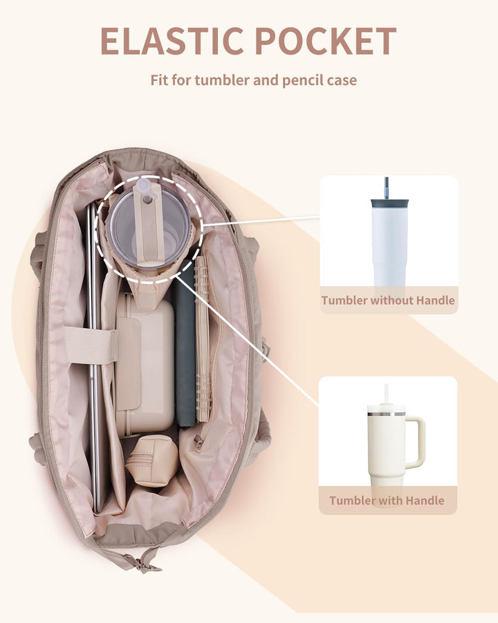 Functional Puffer Bag with cup holder & laptop sleeve for women's travel.
