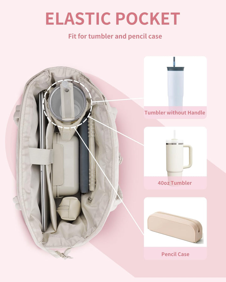 Stylish Puffer Tote for women: Laptop compartment & cup holder for work.
