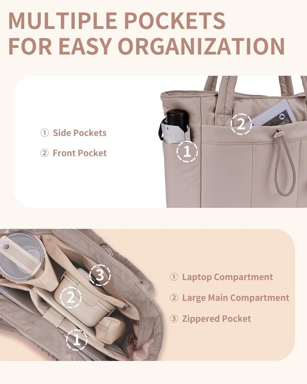 Organized Women's Travel Tote, puffer design, laptop & drink holder.