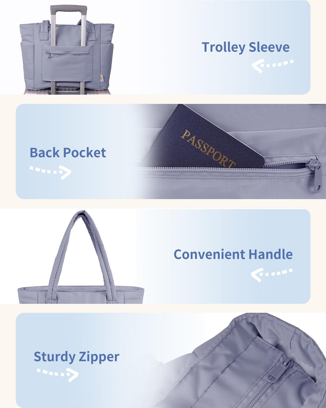 Premium Women's Travel Tote, quilted puffer, with laptop & drink capacity.