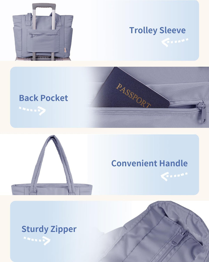 Premium Women's Travel Tote, quilted puffer, with laptop & drink capacity.